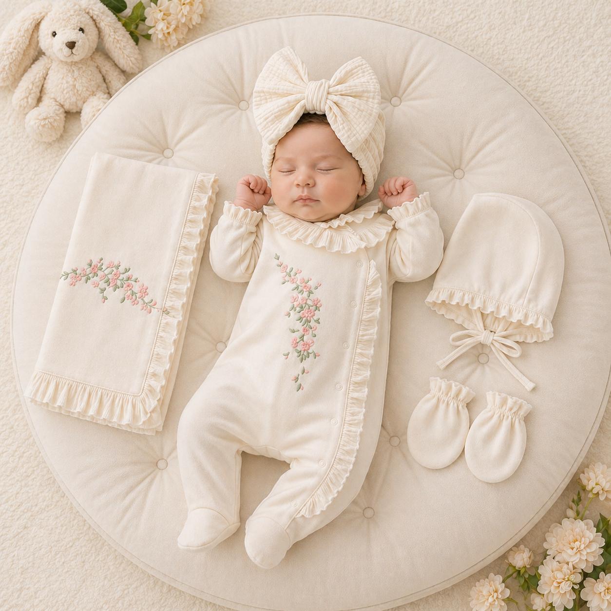 Organic Cotton Baby Girl Floral Take Home Set | 5 Piece Newborn Outfit with Blanket, Bonnet, Headband & Mittens