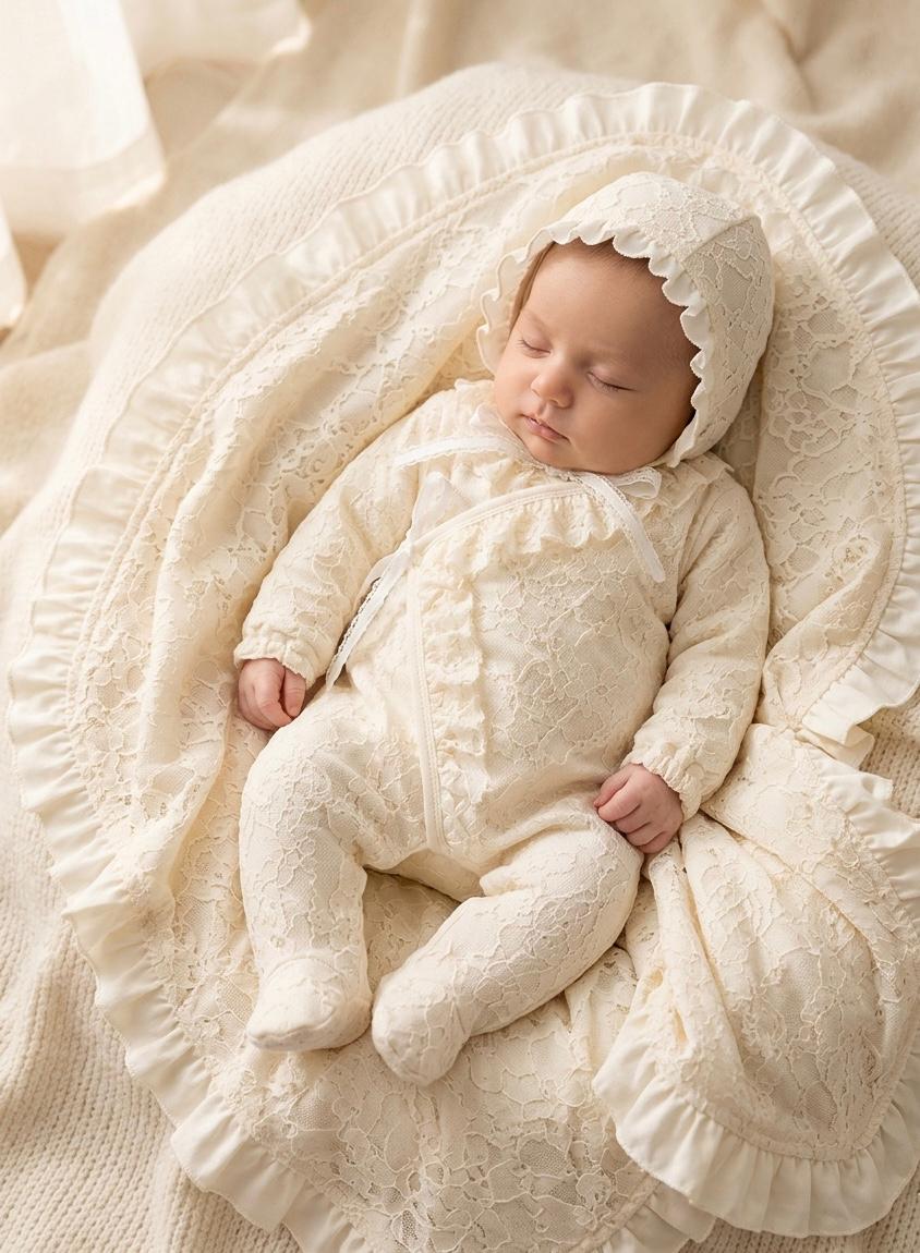 Premium Lace Ruffle Baby Footie and Blanket Set (3-Piece)