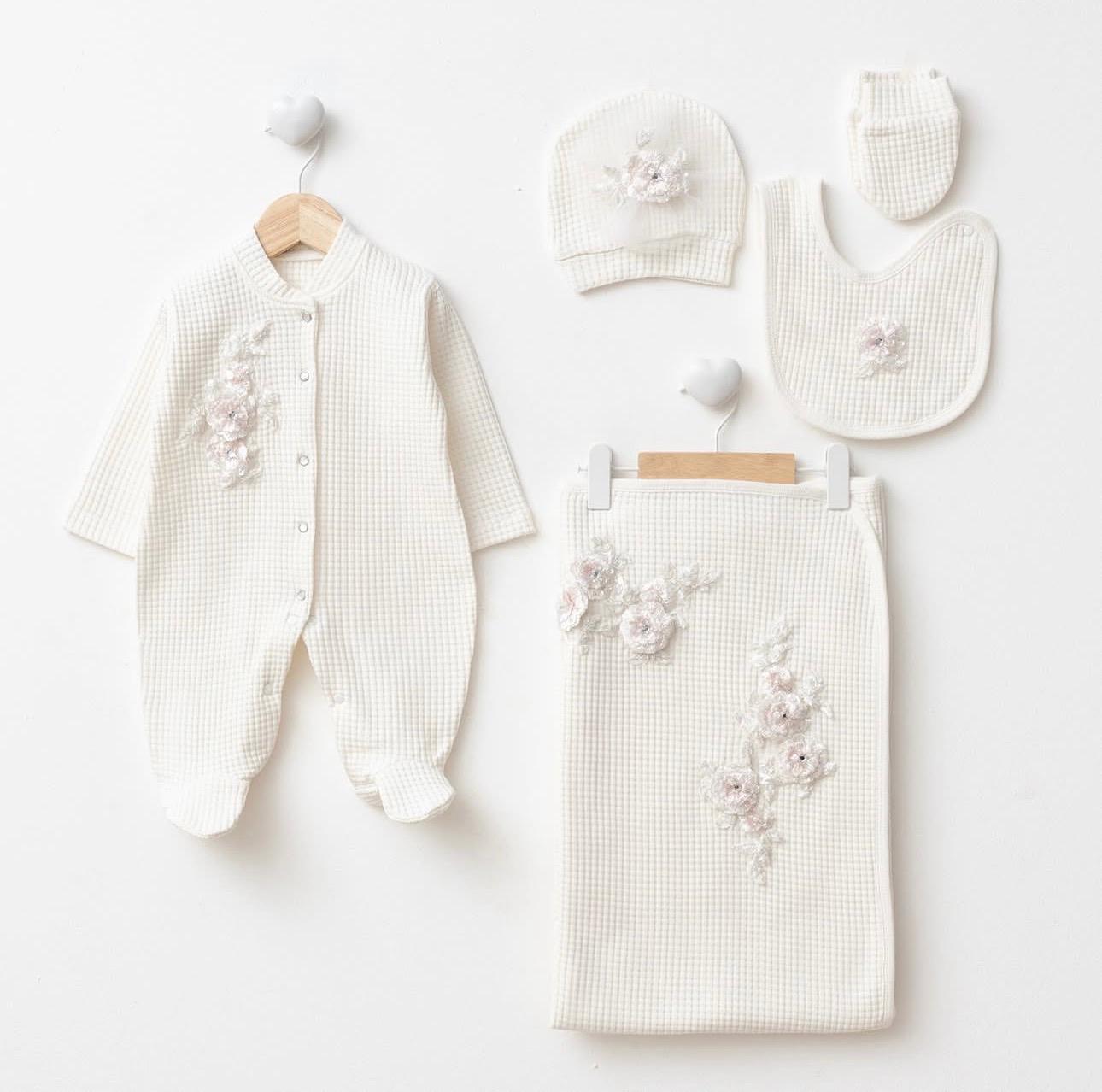 Luxury Baby Girl Ivory Waffle Knit Newborn Coming Home Set | 5 Piece Hospital Outfit with Blanket, Hat, Bib & Mittens