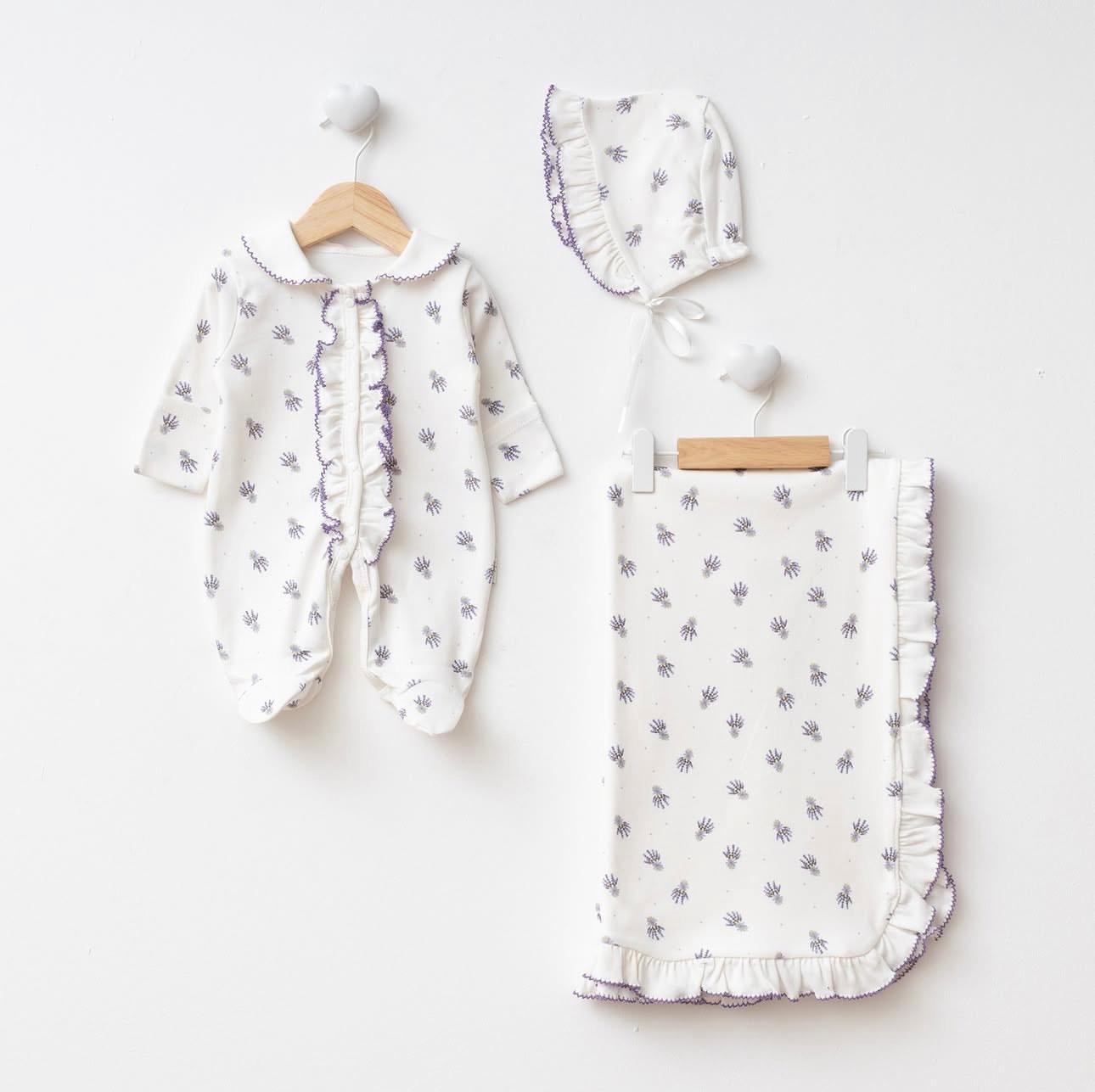 Baby Girl Floral Romper Set, Newborn Coming Home Outfit, Cotton Baby Gift Set with Ruffle Blanket & Bonnet, Hospital Outfit
