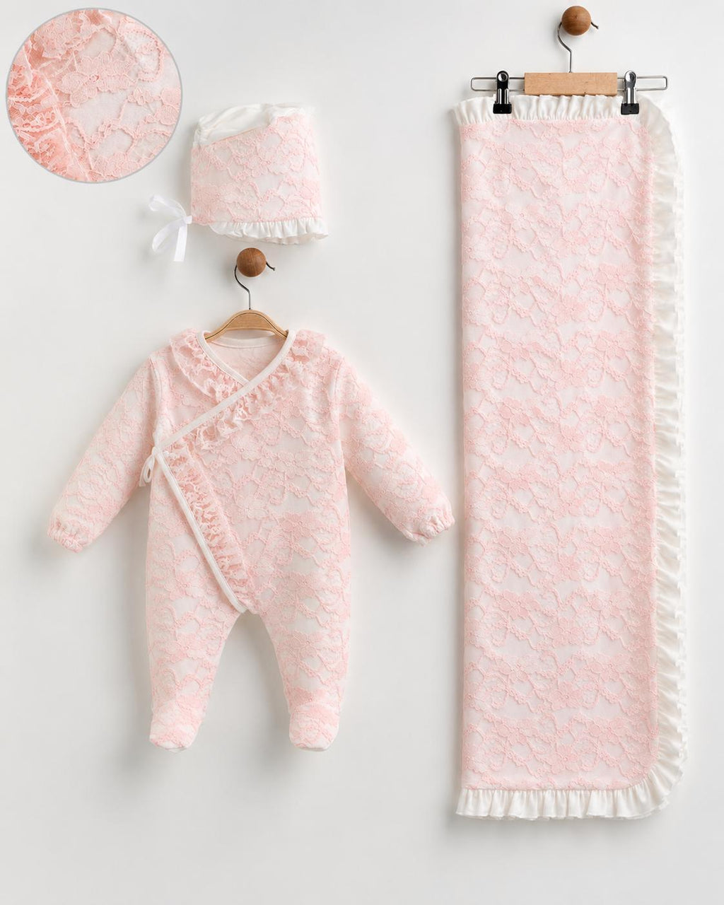 Premium Lace Ruffle Baby Footie and Blanket Set (3-Piece)