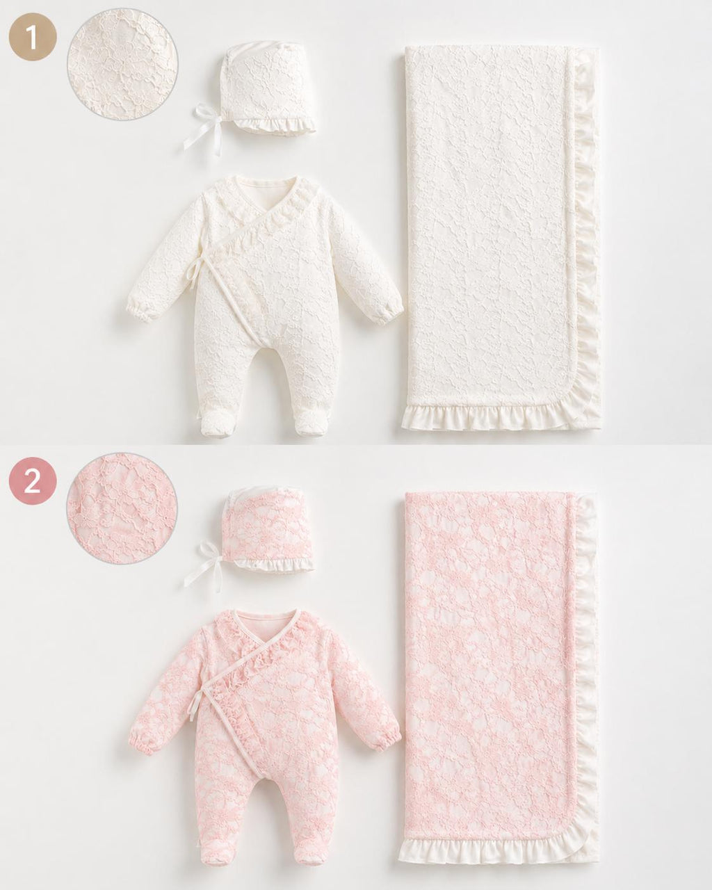 Premium Lace Ruffle Baby Footie and Blanket Set (3-Piece)