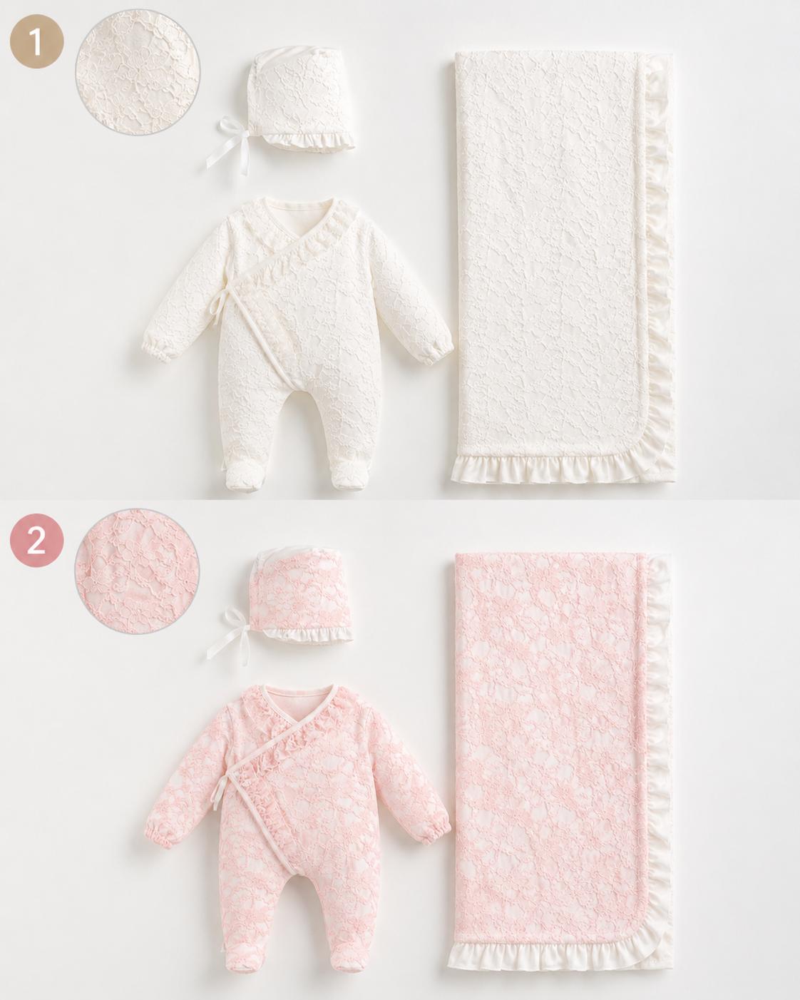 Baby Girl Pink Lace Newborn Coming Home Outfit Set with Blanket & Bonnet | Luxury Hospital Outfit
