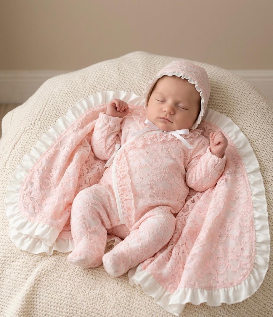 Baby Girl Pink Lace Newborn Coming Home Outfit Set with Blanket & Bonnet | Luxury Hospital Outfit