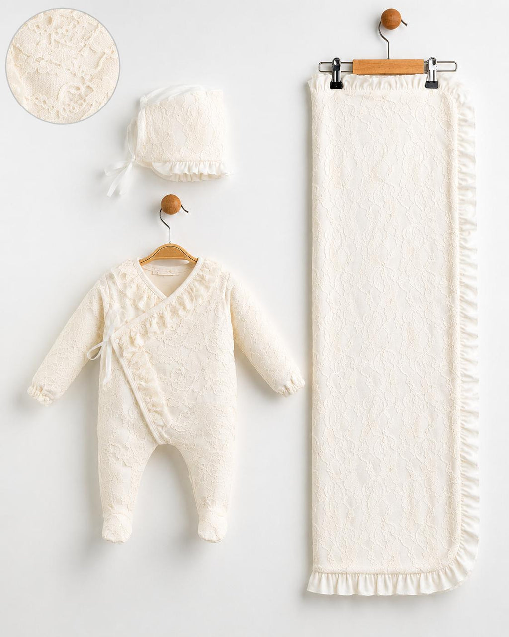 Premium Lace Ruffle Baby Footie and Blanket Set (3-Piece)