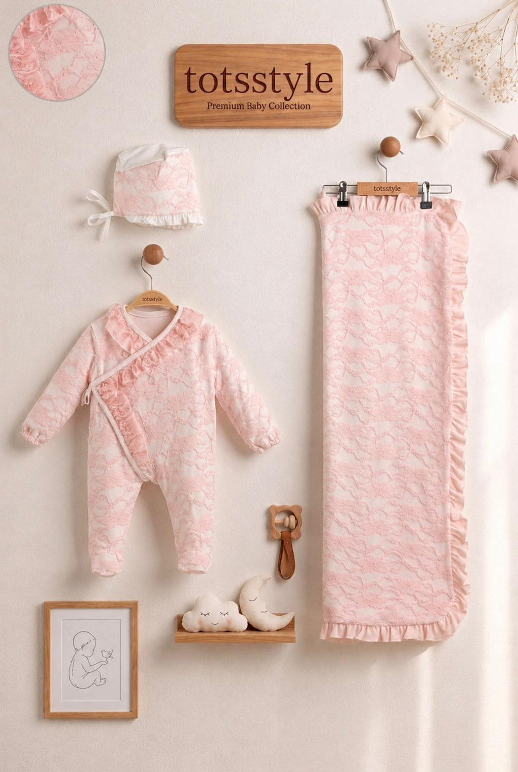 Premium Lace Ruffle Baby Footie and Blanket Set (3-Piece)