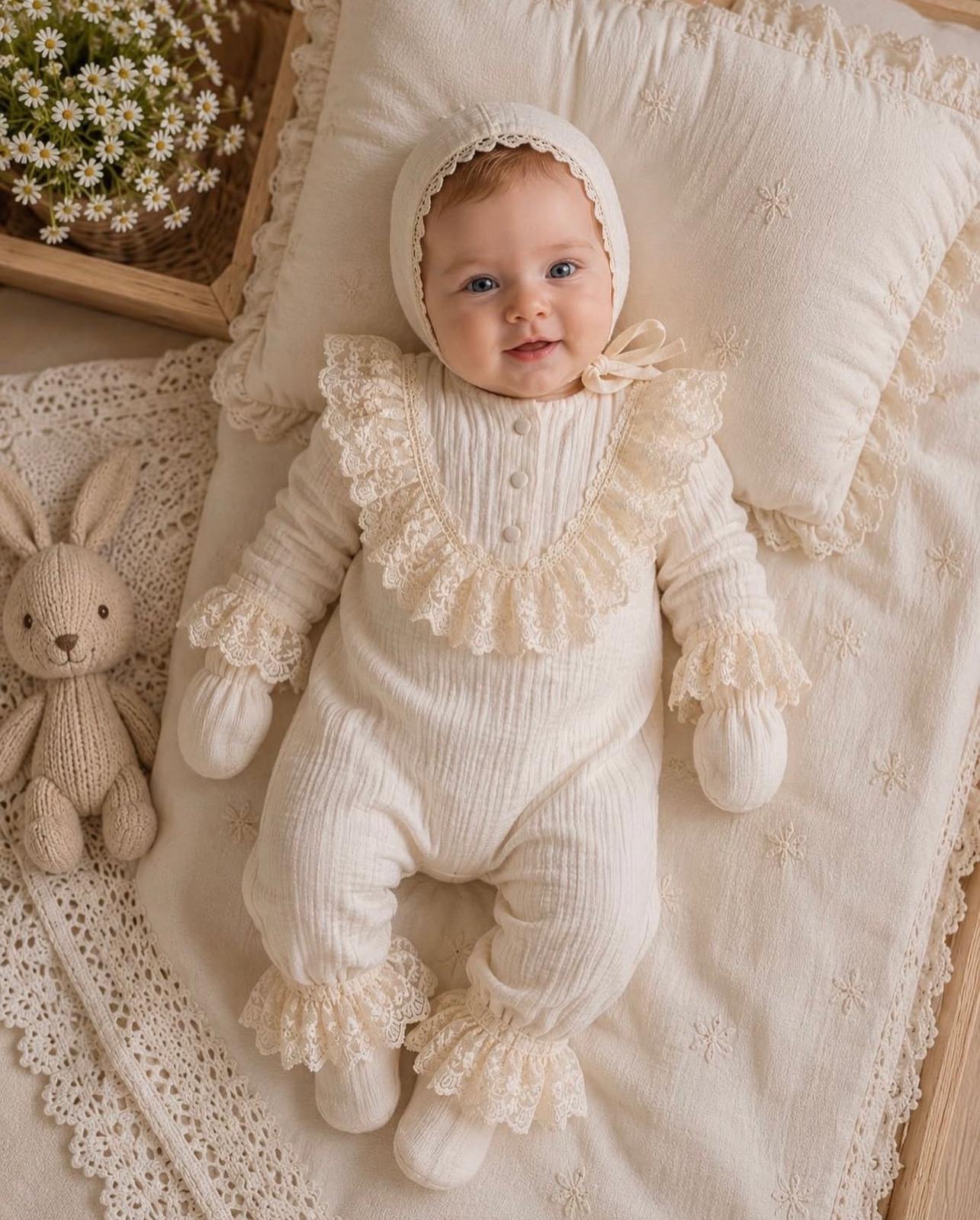 White Muslin Baby Girl Romper Set